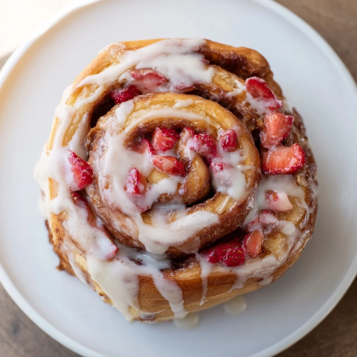 Soft homemade strawberry cinnamon rolls topped with rich cream cheese frosting