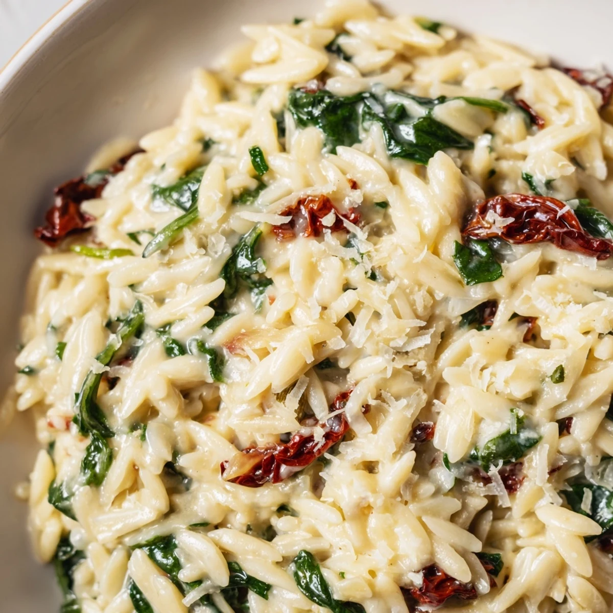 Creamy Tuscan orzo in a skillet with sun-dried tomatoes and fresh spinach leaves