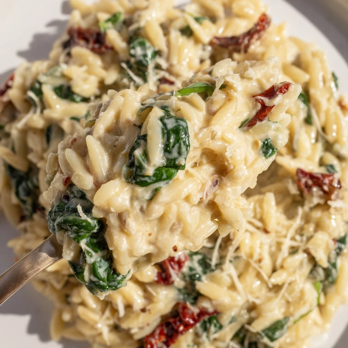 Steaming bowl of Creamy Tuscan orzo topped with grated Parmesan and basil