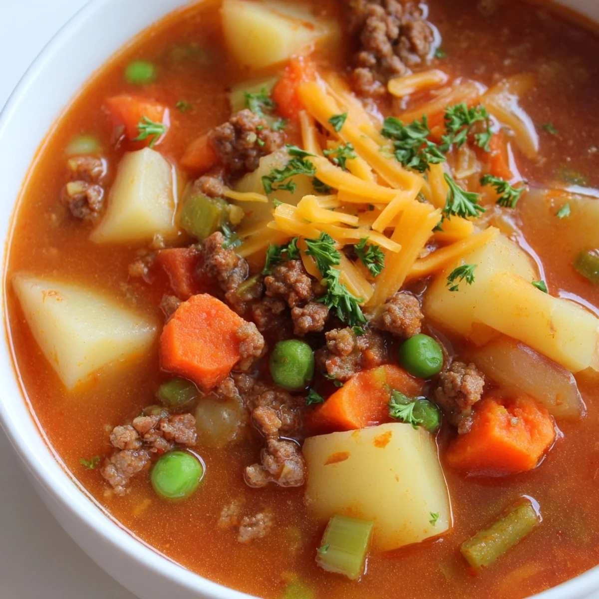 Steaming bowl of ground beef and potato soup with tender chunks and rich broth
