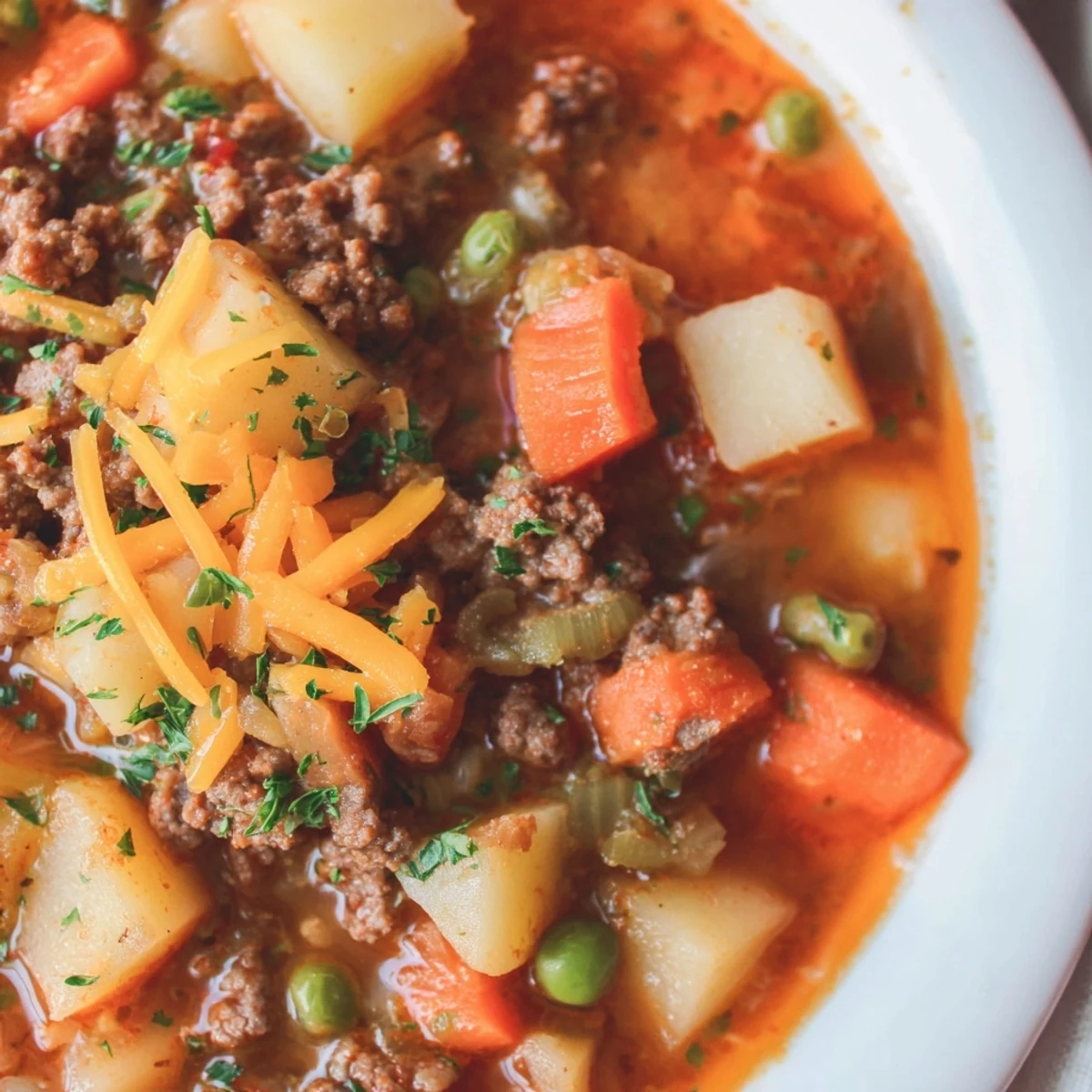 Hearty ground beef and potato soup loaded with vegetables in rustic crock