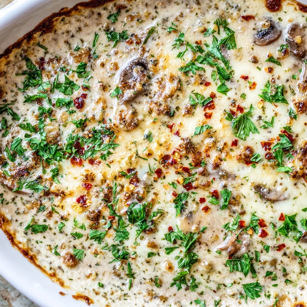 Golden bubbly stuffed mushroom dip in a baking dish ready for serving