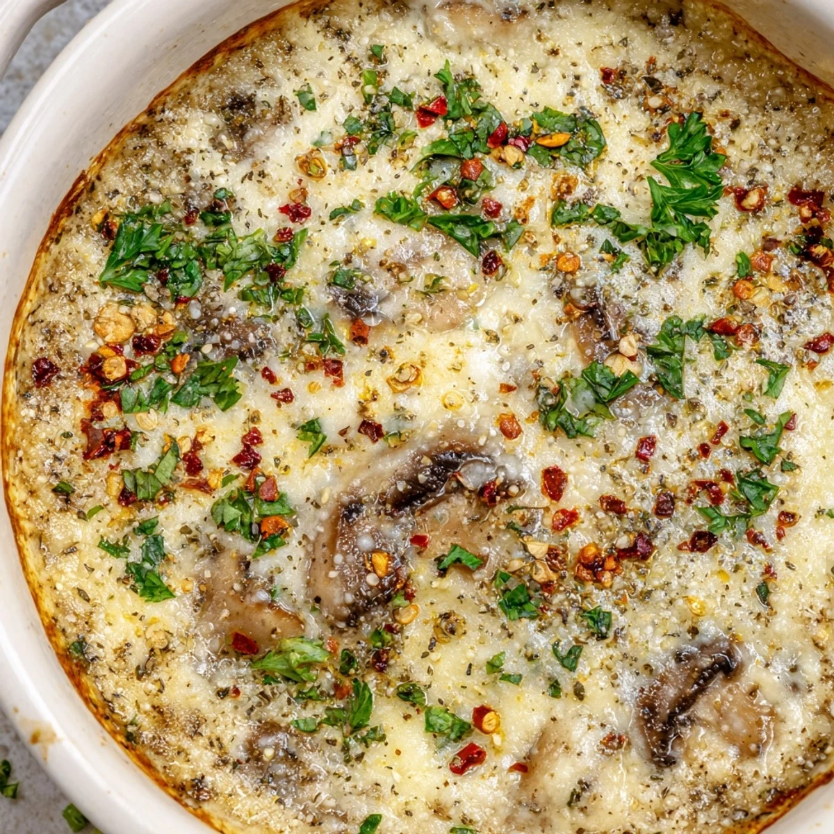 Creamy stuffed mushroom dip topped with fresh parsley and melted cheese