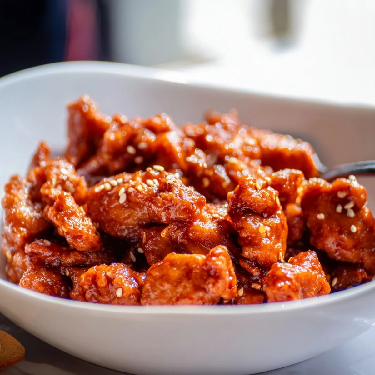 Spicy firecracker ground chicken bowls topped with crisp vegetables and sesame seeds