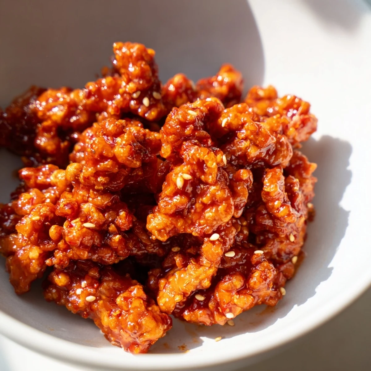 Firecracker ground chicken served over fluffy rice with fresh crunchy vegetables