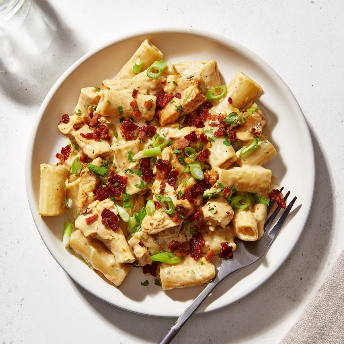 Golden pasta coated in rich cheese sauce with tender chicken and smoky bacon