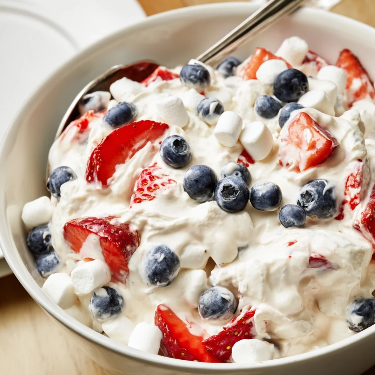 Creamy Red White Blue Cheesecake Salad topped with fresh strawberries and blueberries in a chilled glass bowl