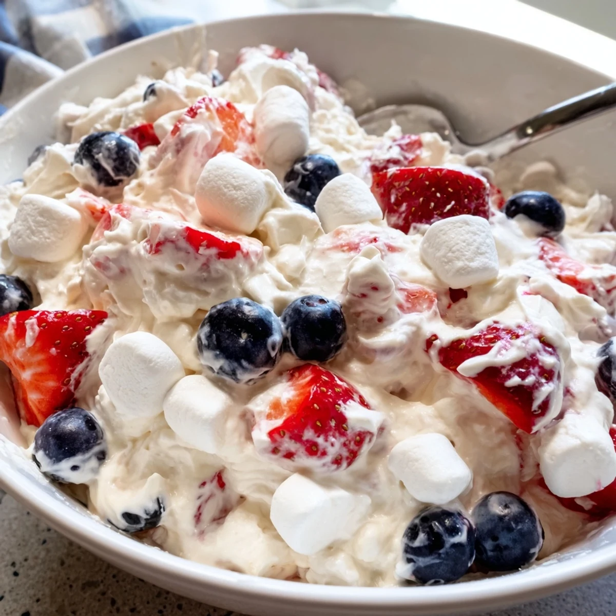 Velvety Red White Blue Cheesecake Salad scooped into servings with ripe juicy berries throughout