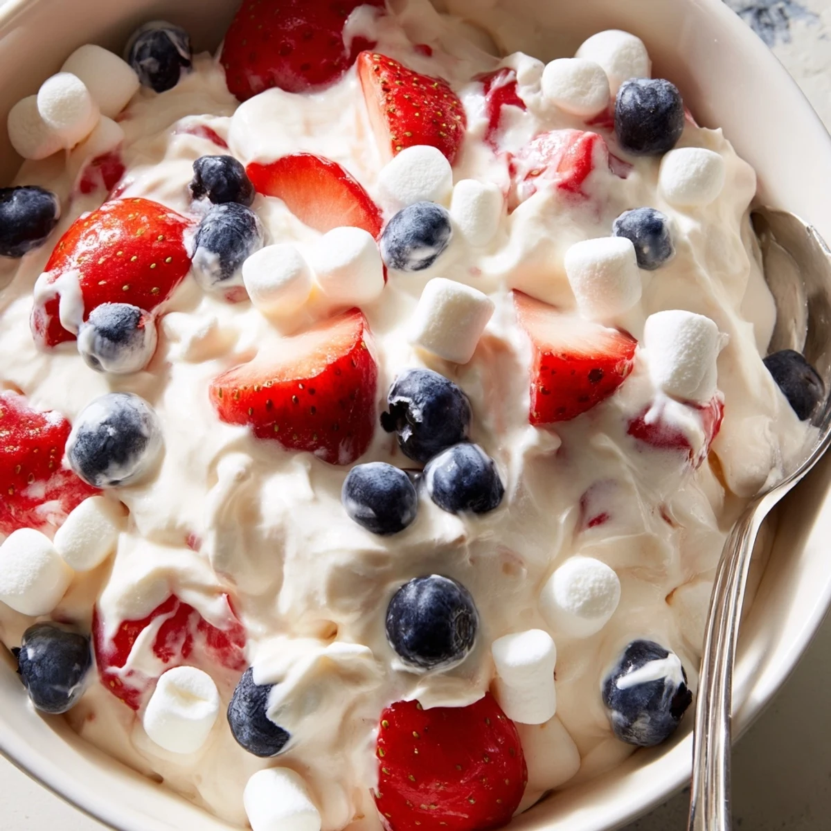 Luscious Red White Blue Cheesecake Salad dotted with mini marshmallows and vibrant mixed berries