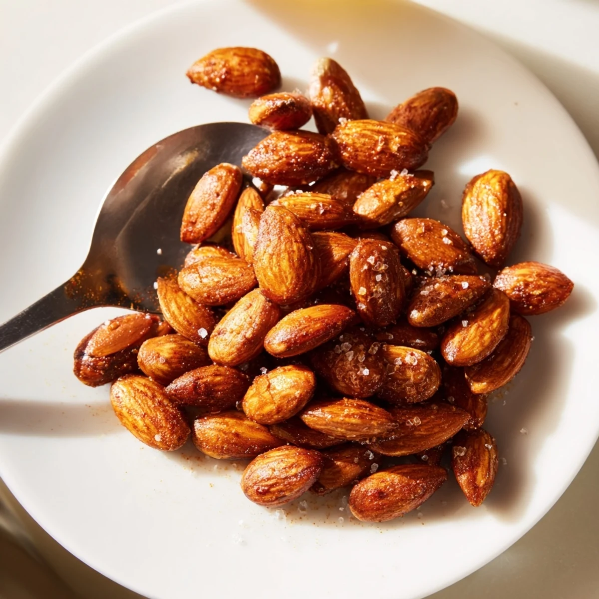 Golden roasted almonds sprinkled with sea salt in a rustic ceramic bowl