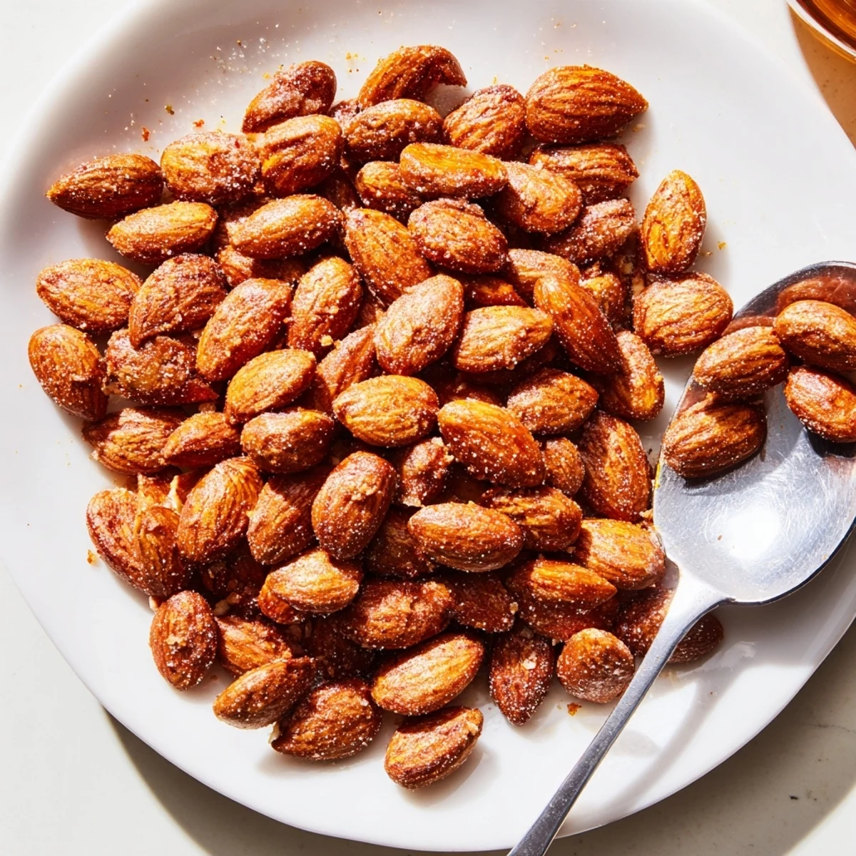 Warm, aromatic roasted almonds arranged on a wooden serving board