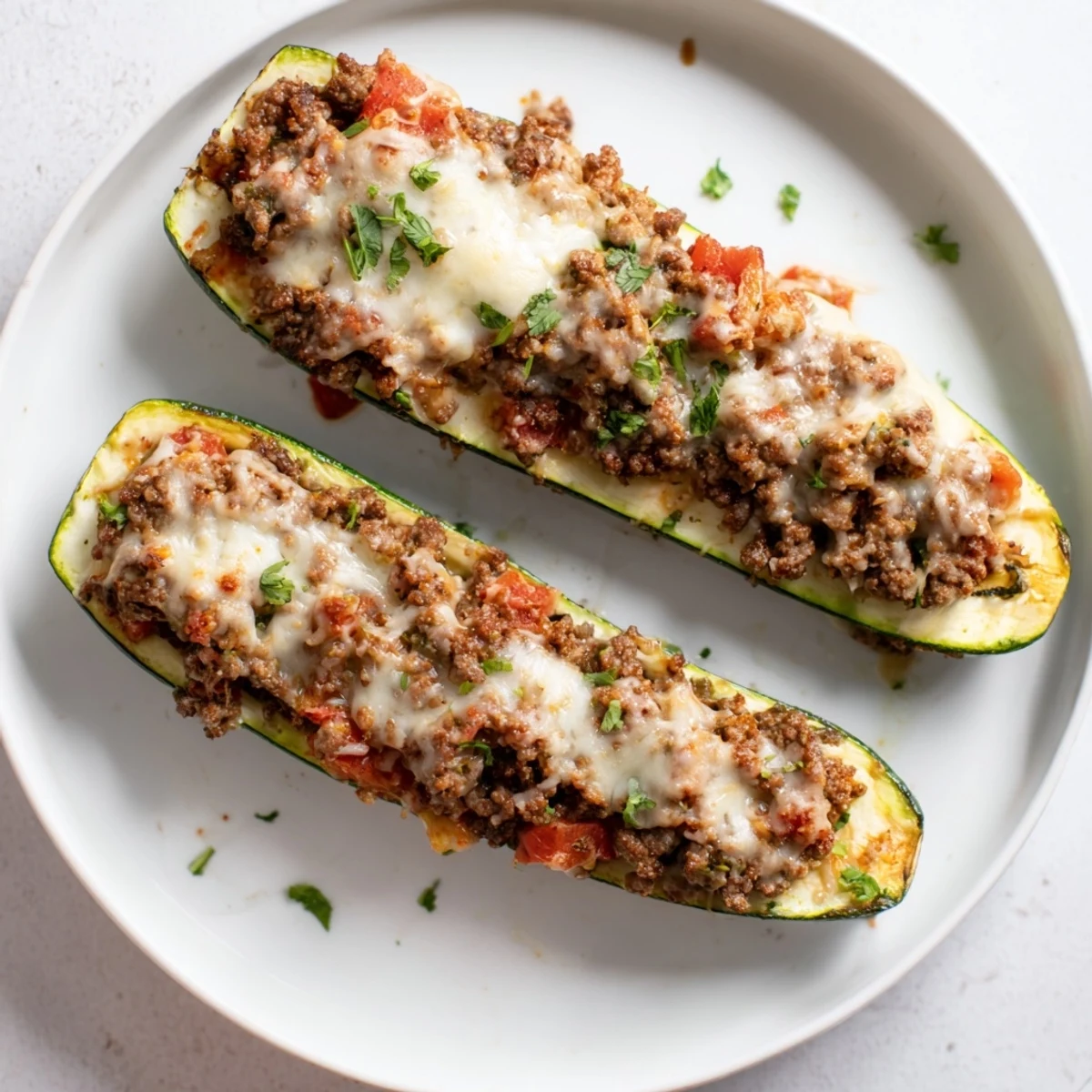 Golden cheesy stuffed zucchini boats with ground beef fresh from the oven