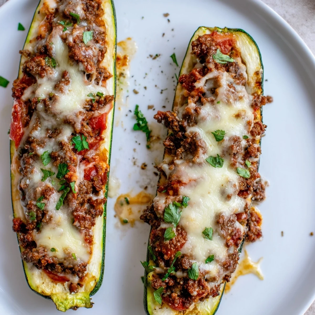 Savory ground beef filled stuffed zucchini boats garnished with fresh chopped parsley