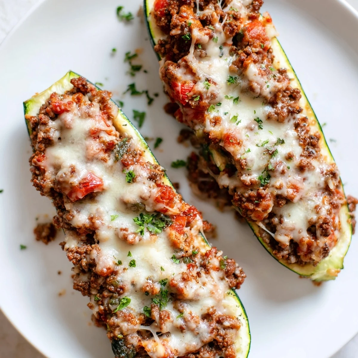 Stuffed zucchini boats with ground beef topped with bubbling melted mozzarella cheese