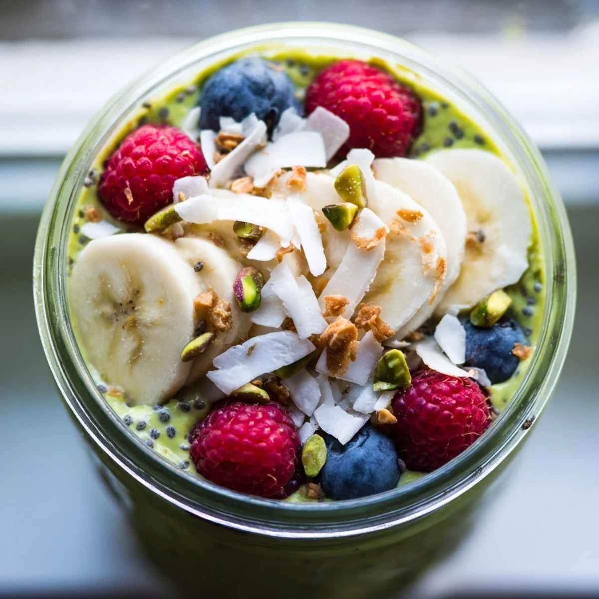 Creamy matcha overnight oats topped with fresh berries in a glass jar