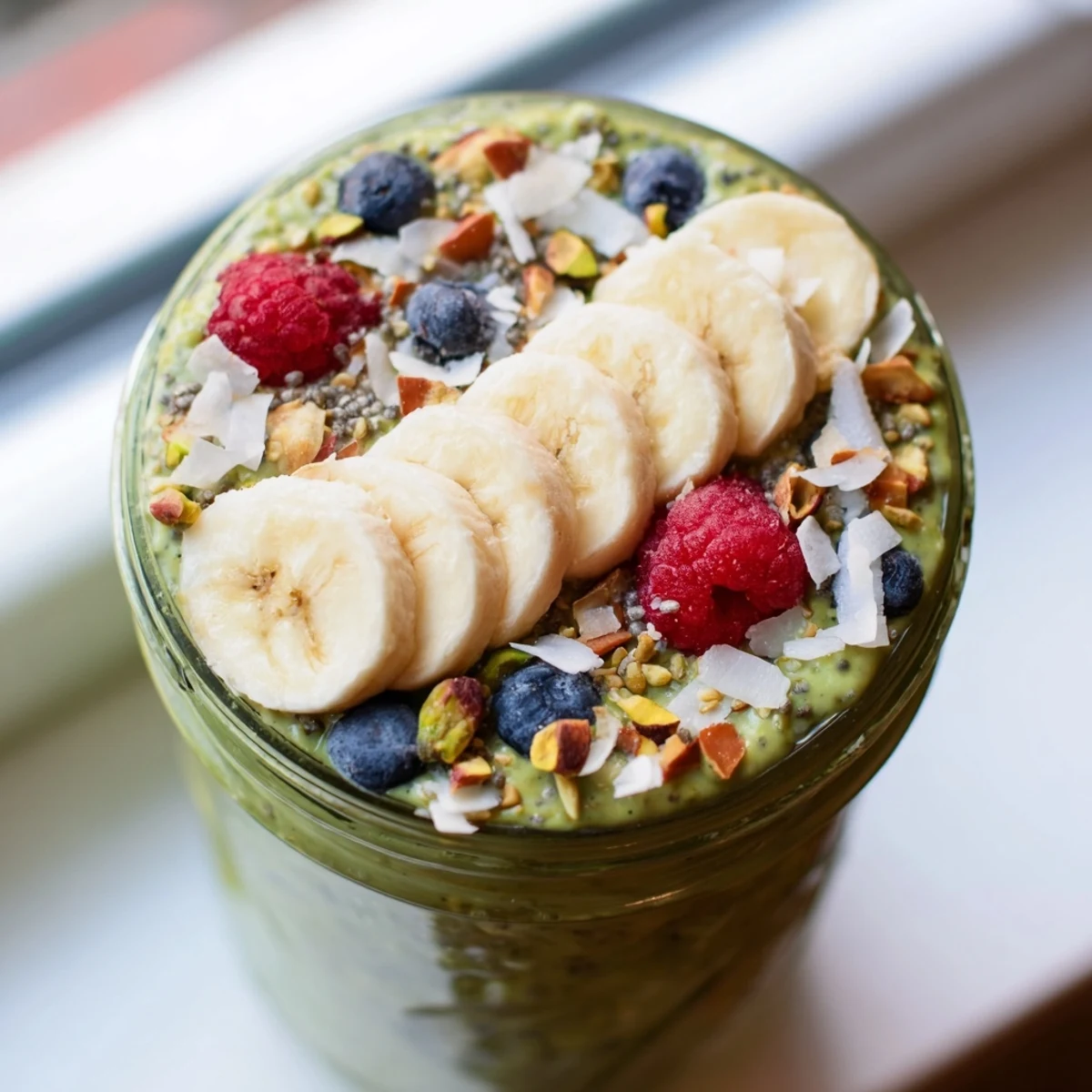 Vibrant green matcha overnight oats drizzled with honey and sliced banana