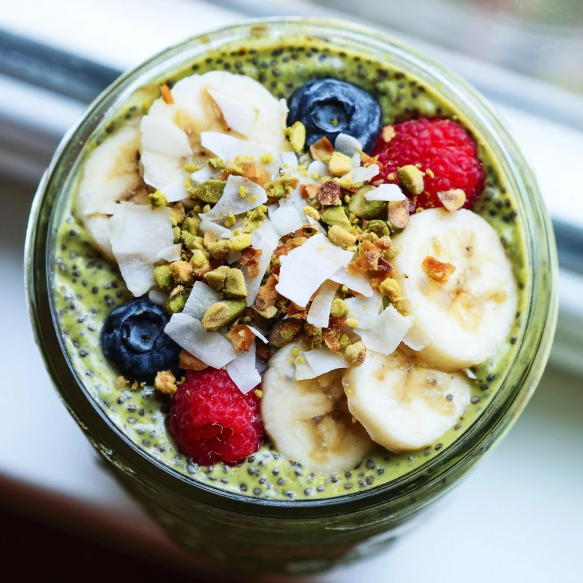 Smooth matcha overnight oats served cold with coconut flakes and chopped pistachios