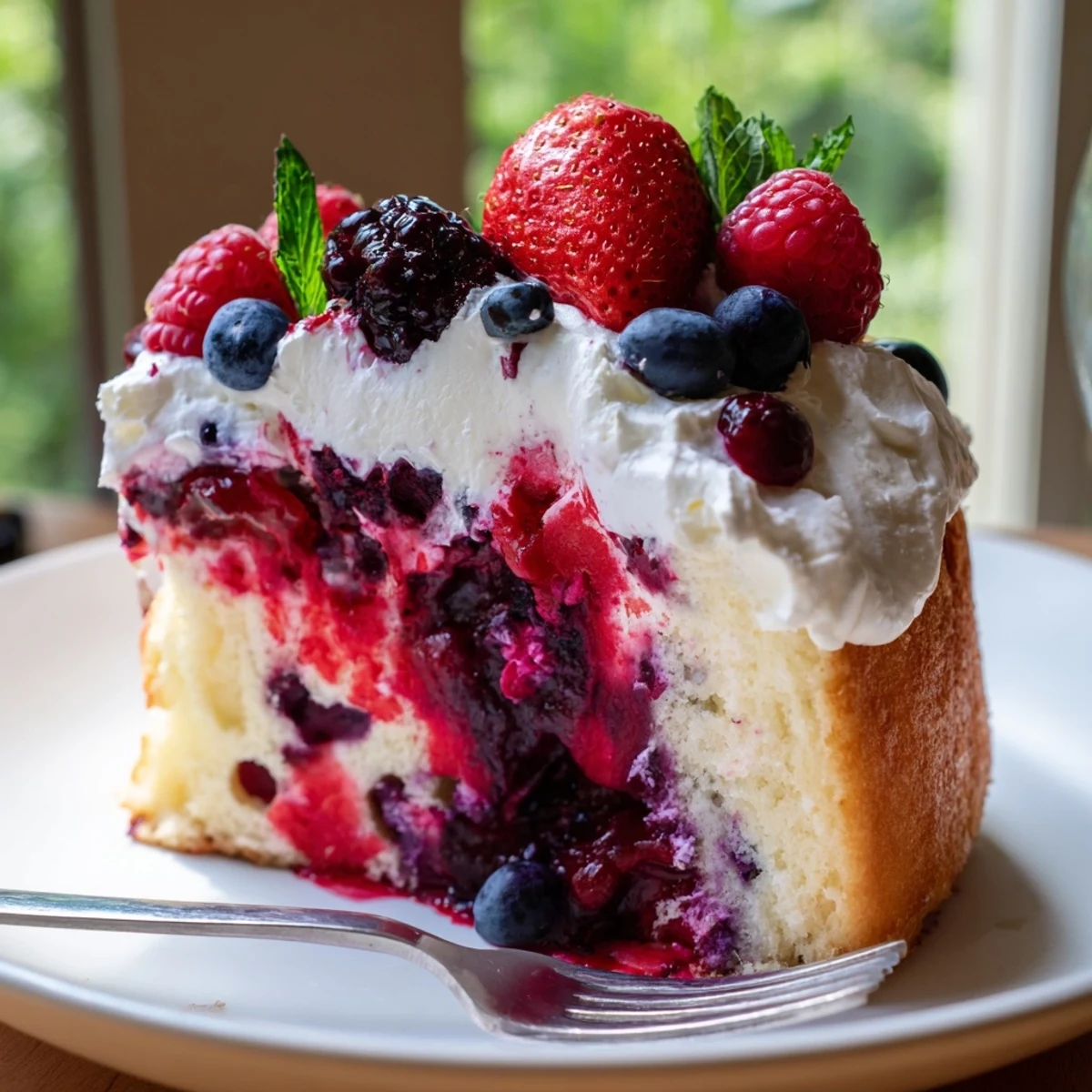 A slice of Summer Berry Poke Cake topped with fresh berries and fluffy whipped cream