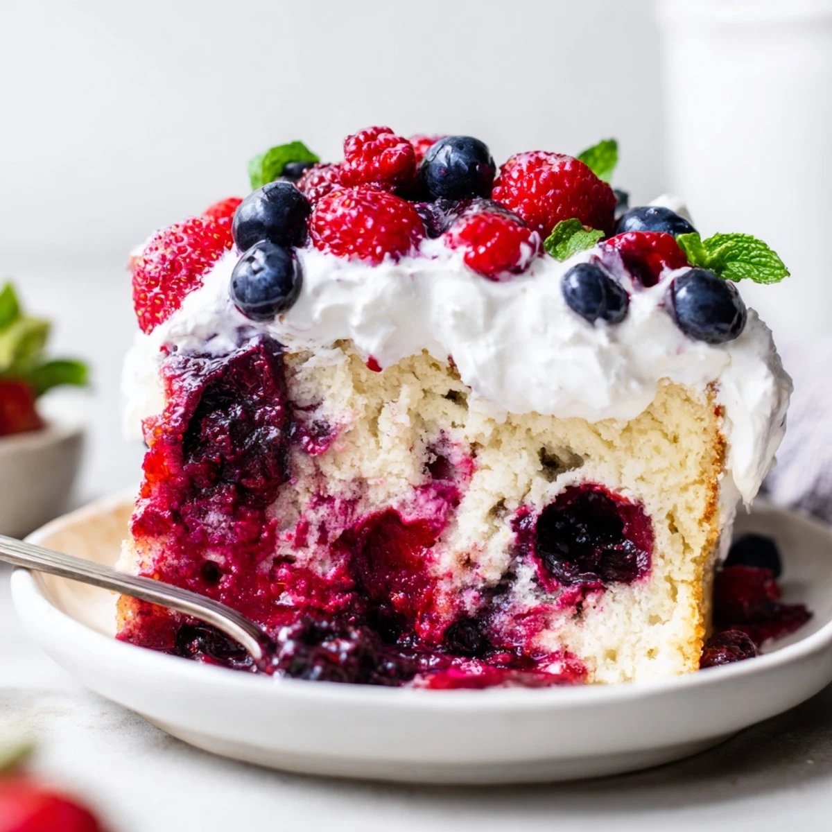Moist Summer Berry Poke Cake drizzled with vibrant berry sauce on a rustic serving plate