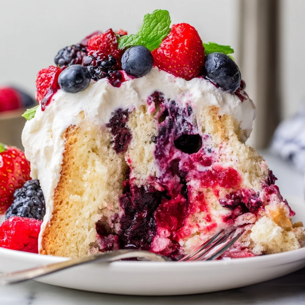 Creamy whipped topping and juicy mixed berries crown this chilled Summer Berry Poke Cake