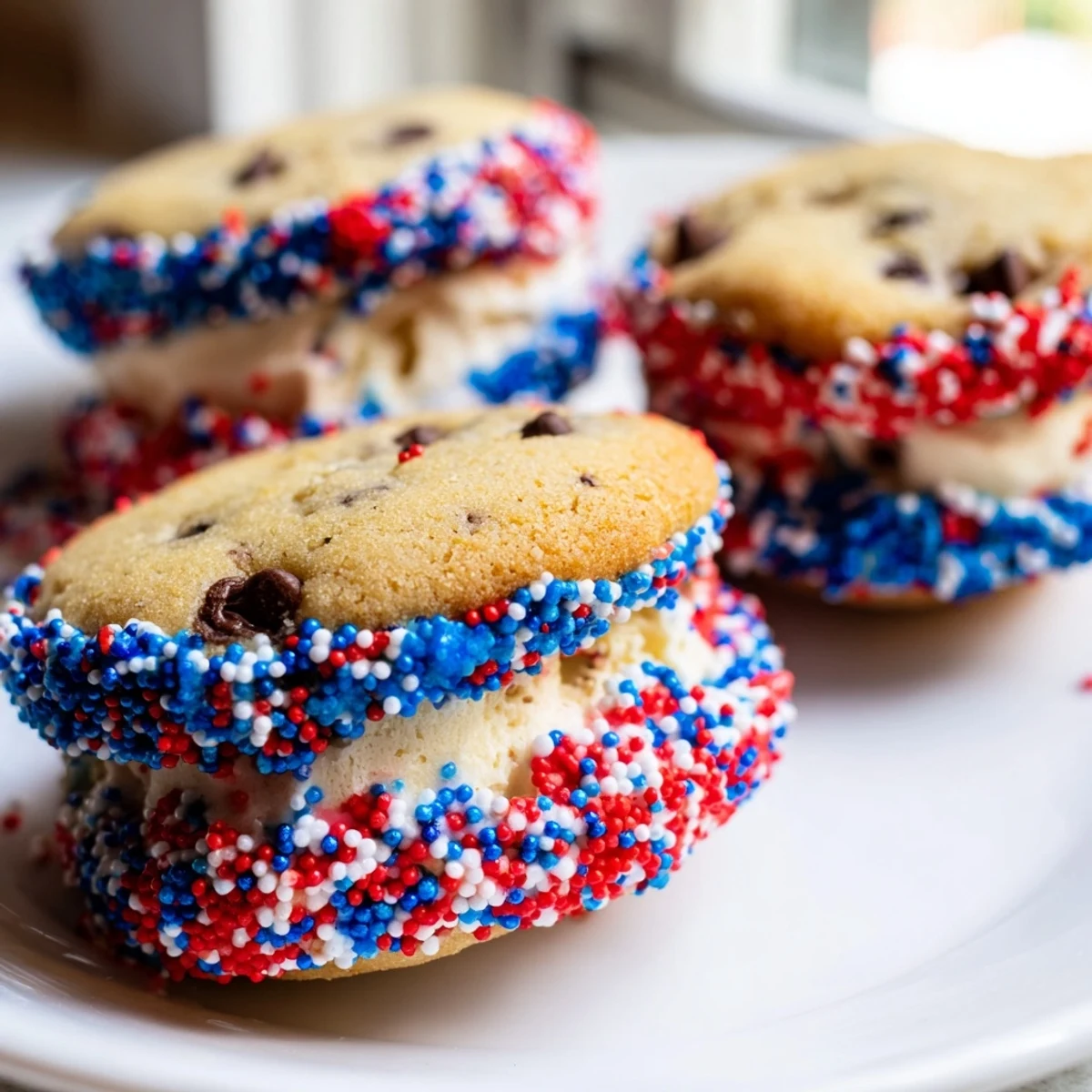 Patriotic Mini Ice Cream Sandwiches coated in colorful red, white, and blue sprinkles on a summer dessert tray