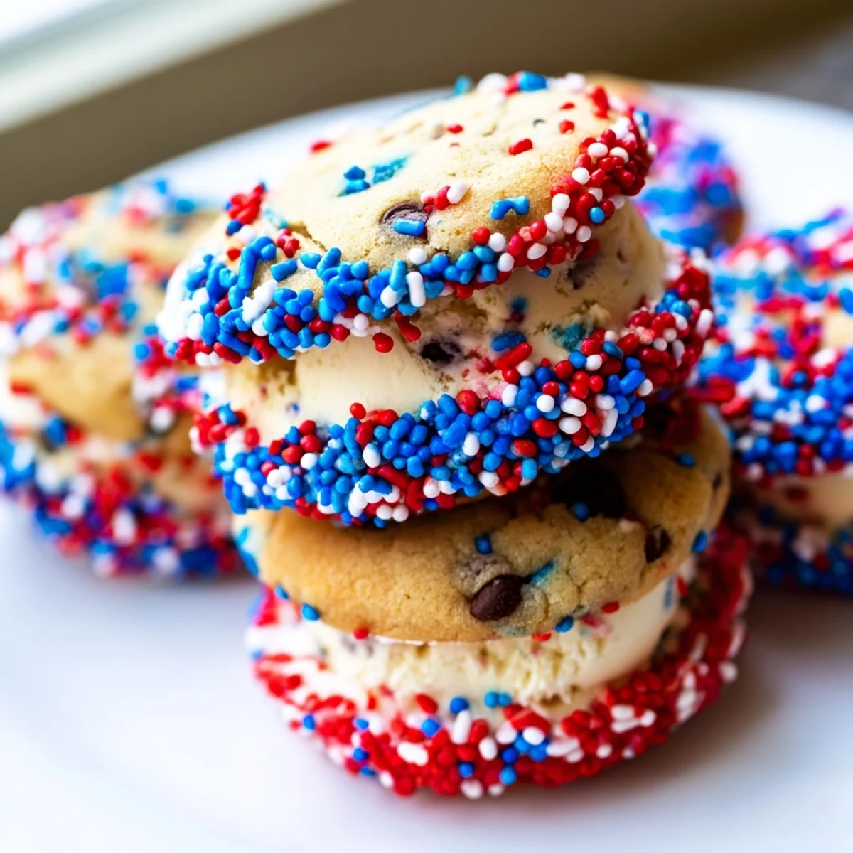 Bite-sized Patriotic Mini Ice Cream Sandwiches with creamy vanilla filling rolled in festive rainbow sprinkles for Fourth of July