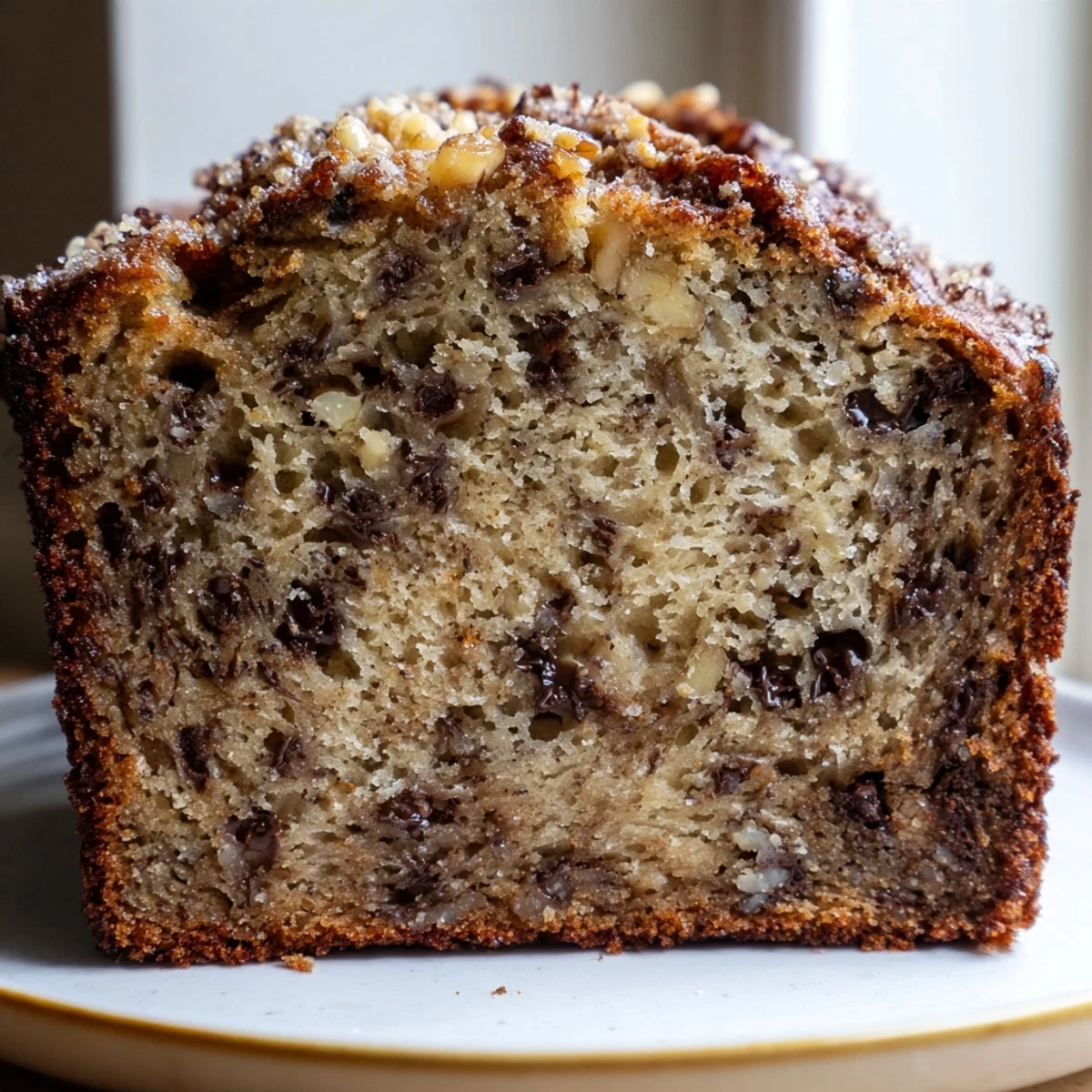 Golden slice of super moist banana bread with a tender crumb on a rustic wooden board