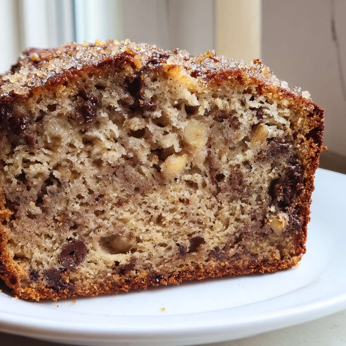 Warm super moist banana bread loaf fresh from the oven with a cracked golden top