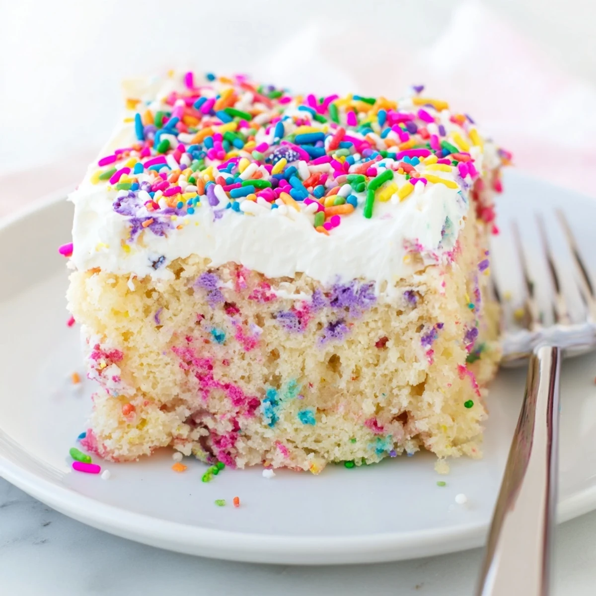 A vibrant unicorn poke cake slice with rainbow pudding swirls and whipped topping