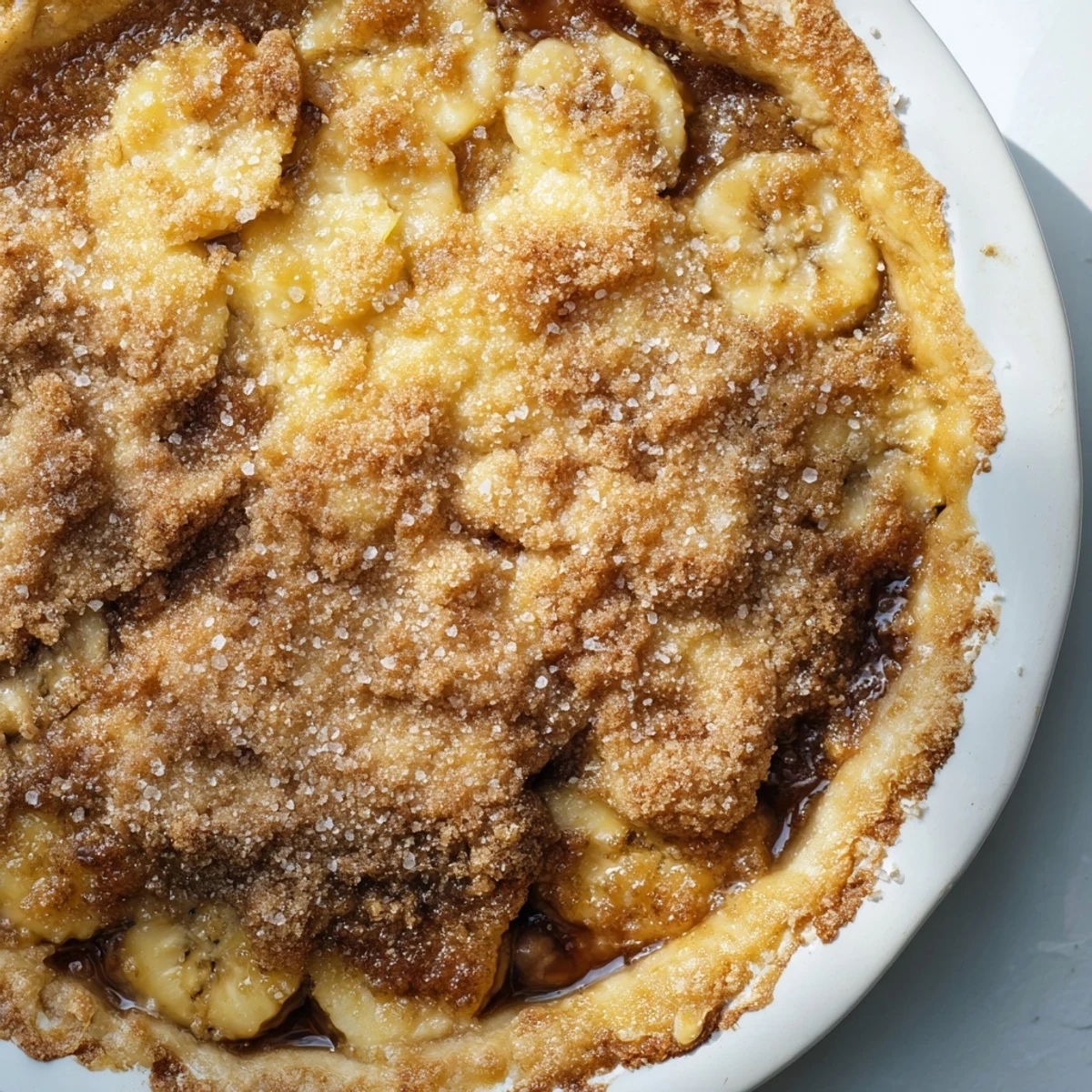 Warm Southern banana cobbler served in a dish with melting vanilla ice cream