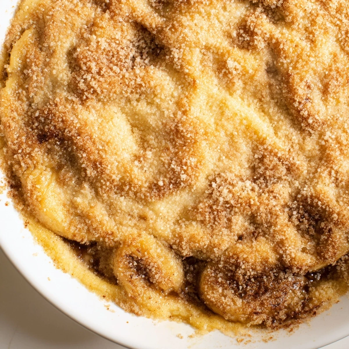 Golden Southern banana cobbler bubbling with cinnamon-spiced fruit under a buttery crust