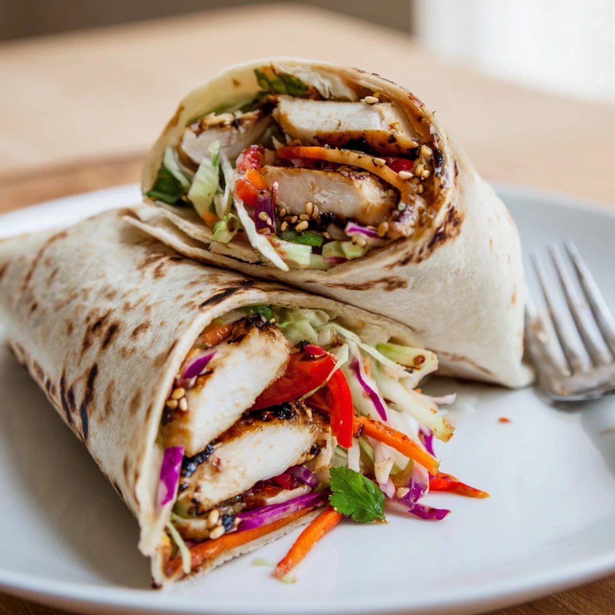 Juicy sliced chicken nestled in soft tortillas with colorful crunchy Asian slaw for Thai chicken wraps