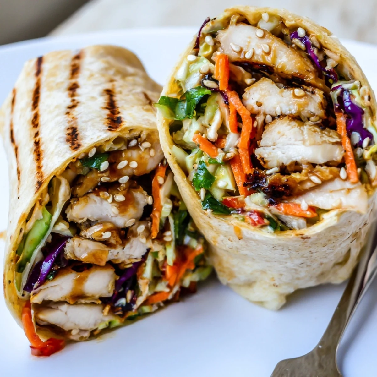 Warm grilled chicken strips piled atop tangy purple cabbage slaw inside flour wraps for Thai chicken wraps