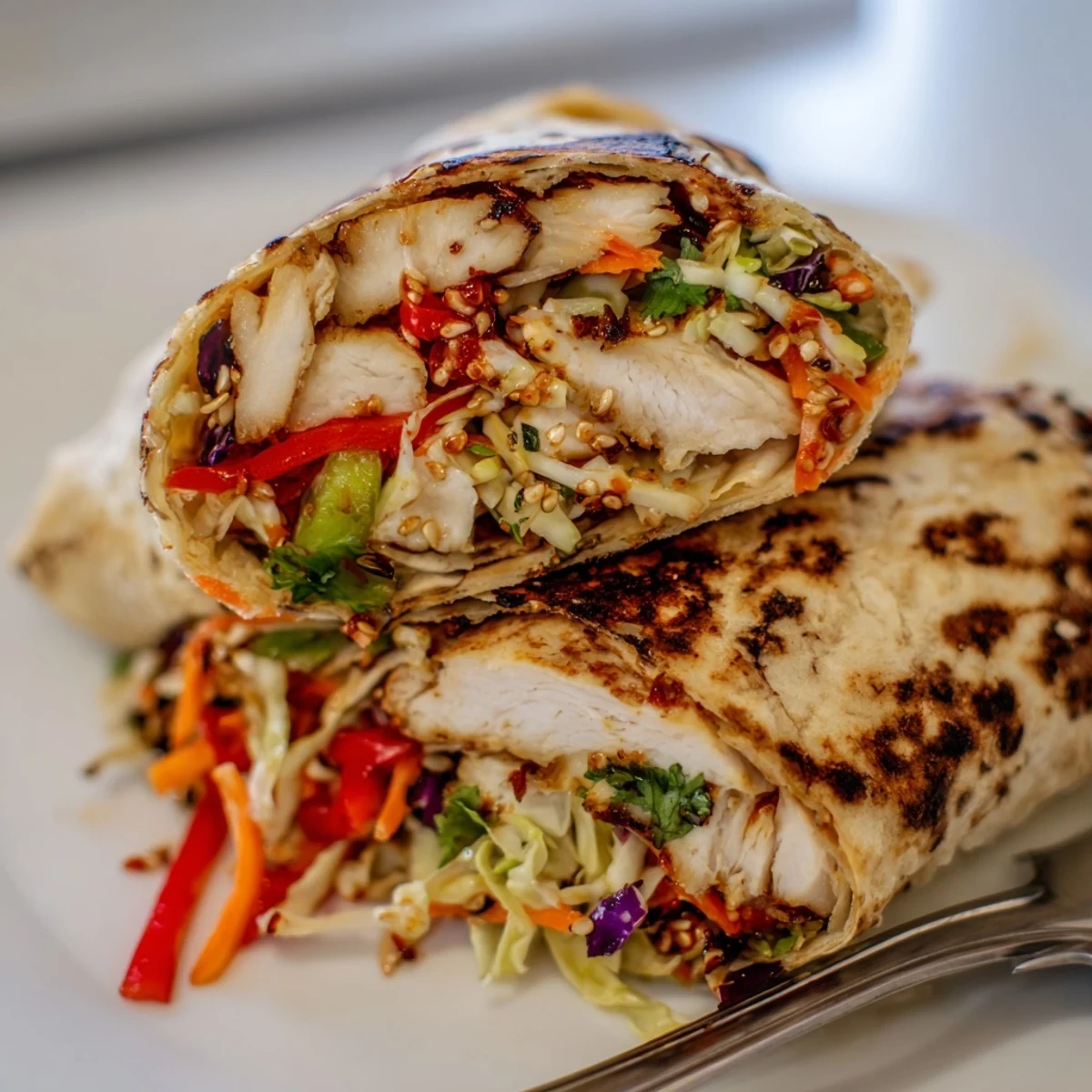 Golden seared chicken and crisp vegetable slaw rolled into a flour tortilla showcasing Thai chicken wraps