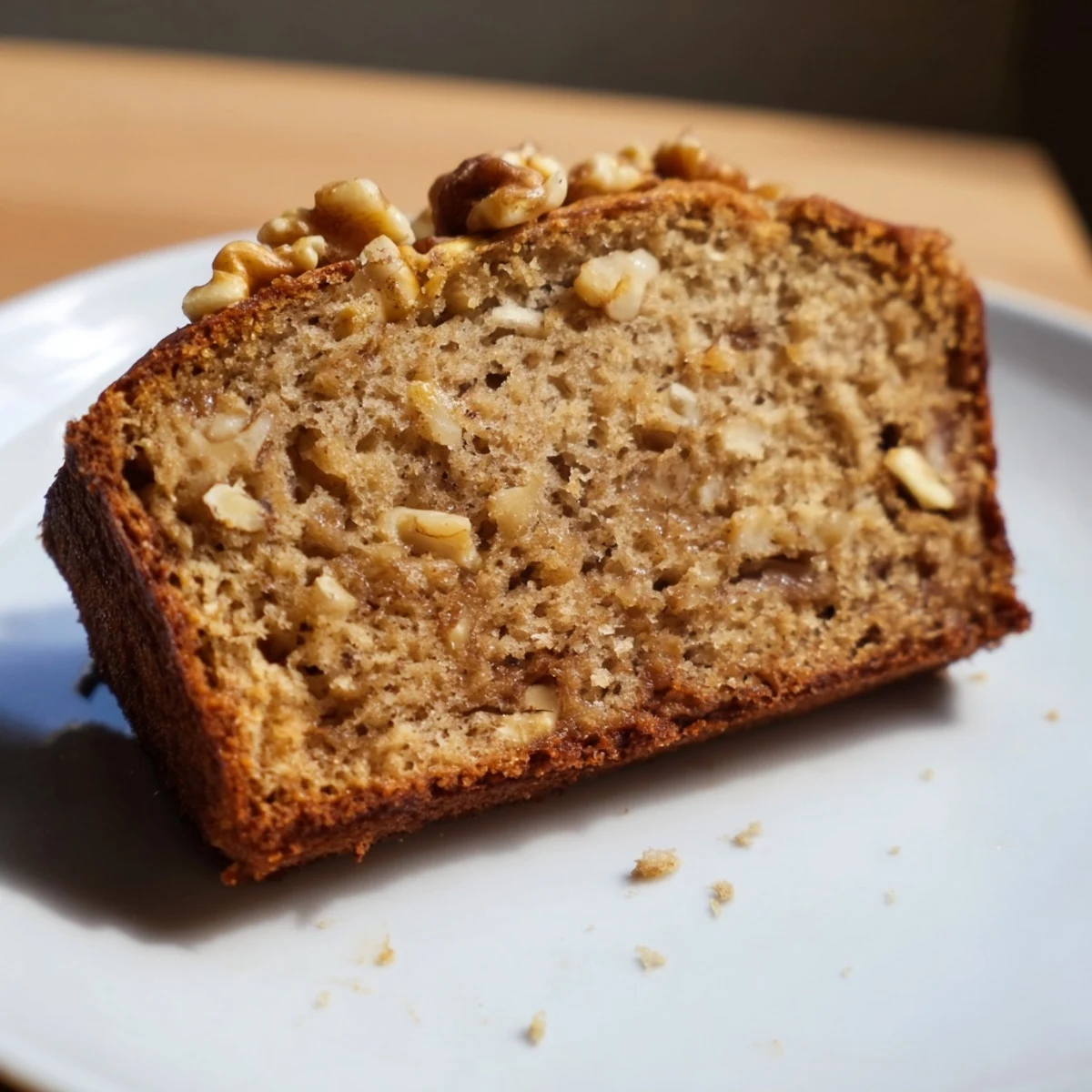 Warm slice of banana nut bread drizzled with butter beside a cup of coffee