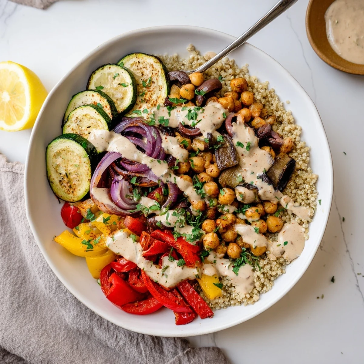Charred bell peppers and tender chickpeas served over quinoa in this cozy vegan Mediterranean roasted vegetables bowl.