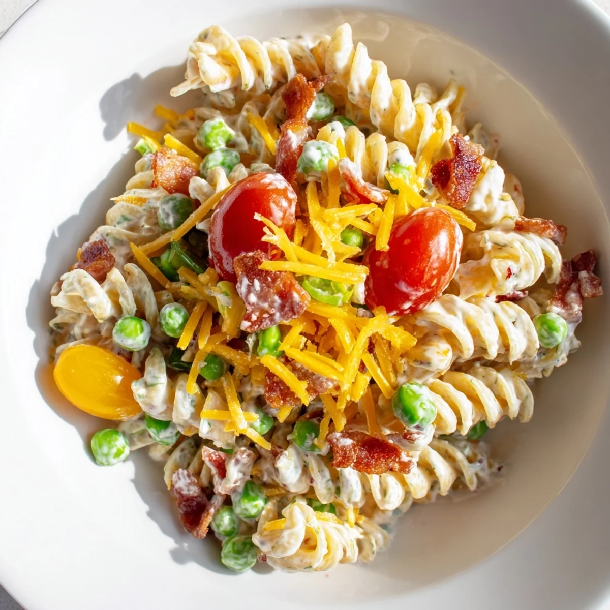 Colorful addictive crack pasta salad mounded in a bowl with crunchy vegetables and creamy ranch dressing