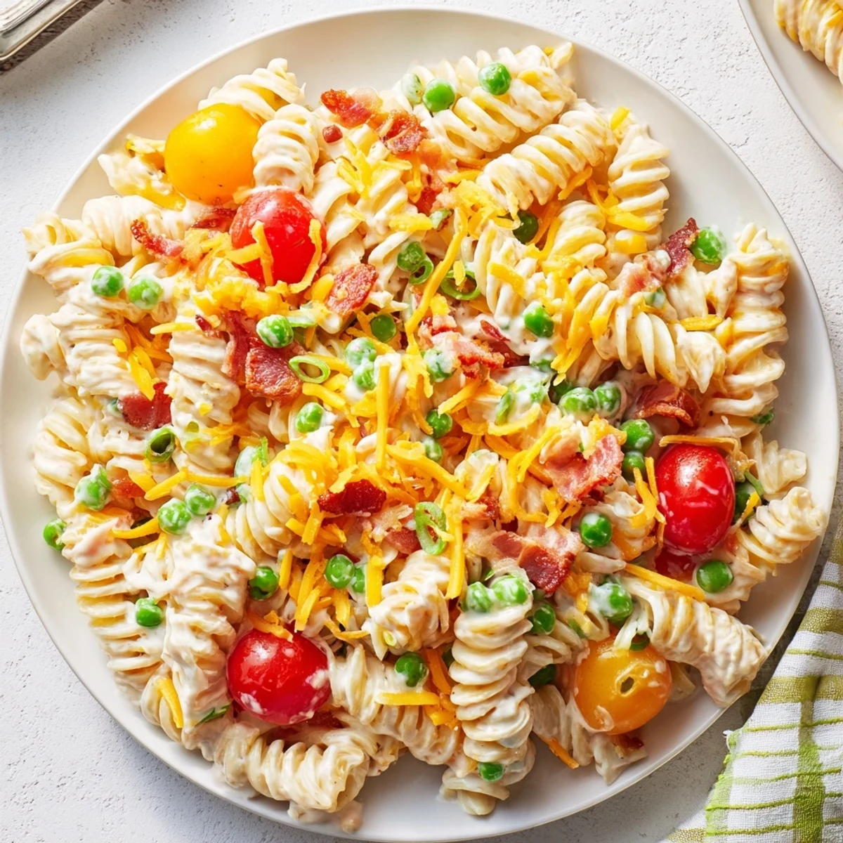 Heaping scoop of addictive crack pasta salad dotted with cherry tomatoes shredded cheddar and crispy bacon bits