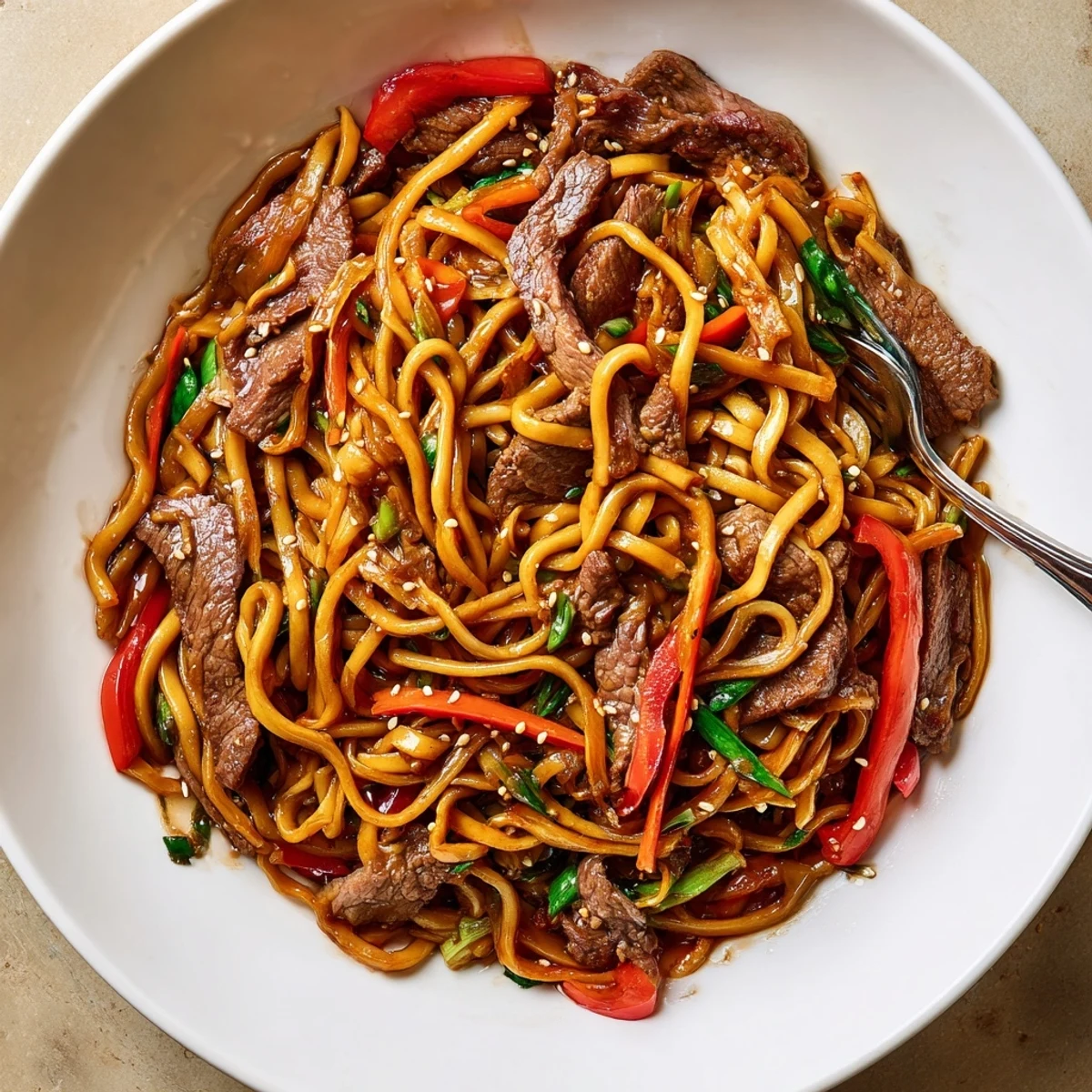 Plate of Sticky Beef Noodles steaming hot, chewy noodles and crisp peppers