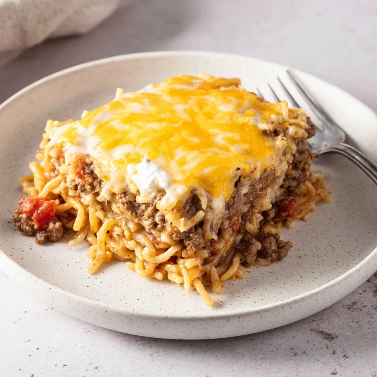 Beef Lombardi Casserole bubbling golden with melted cheddar, steam rising, ready to serve.