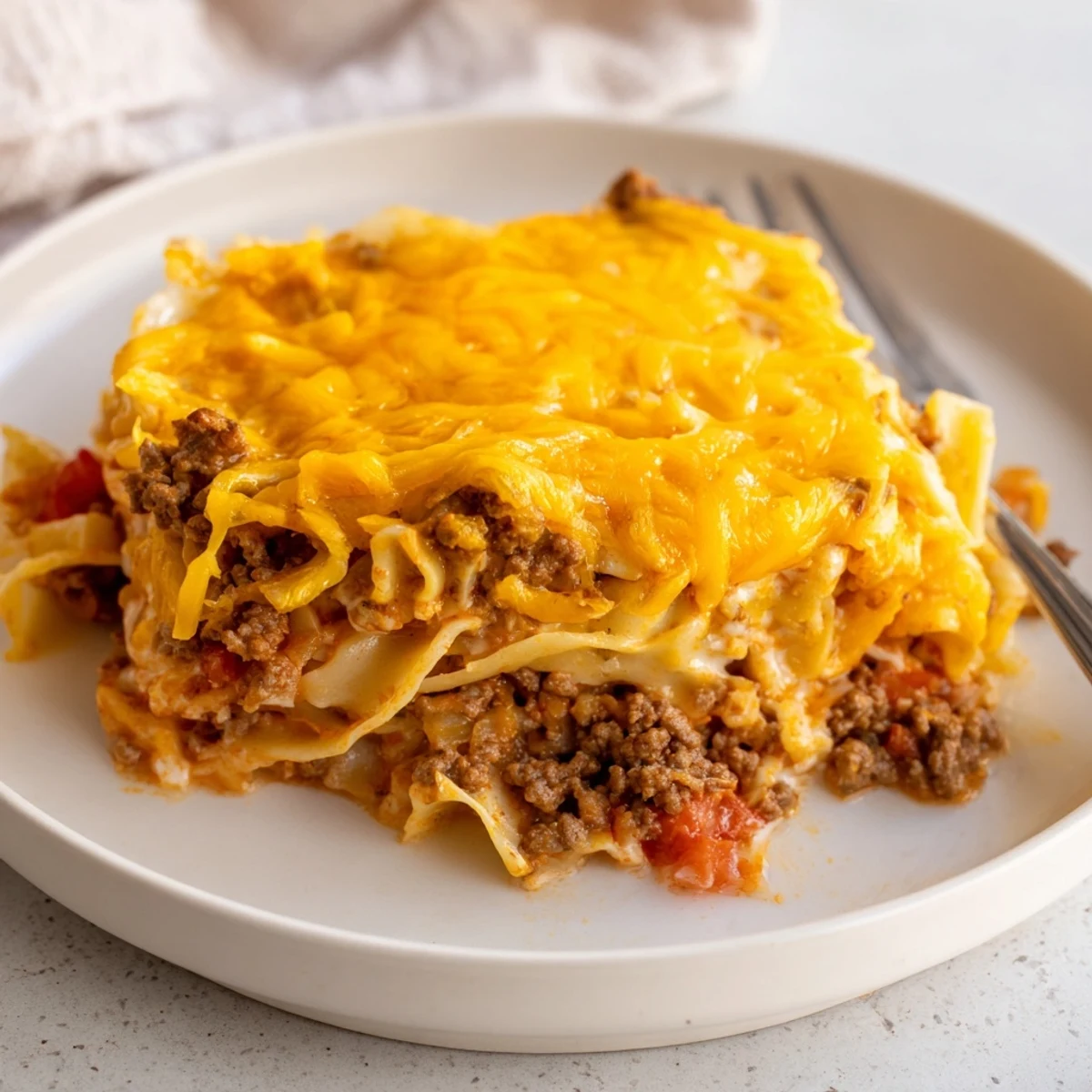 Oven-browned Beef Lombardi Casserole layered with noodles and tangy tomato aroma.