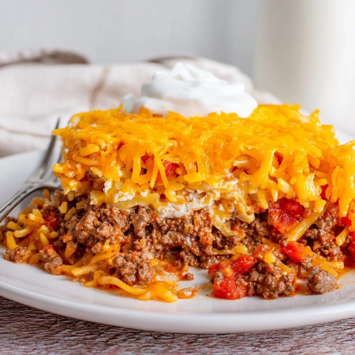 Spoonful of Beef Lombardi Casserole reveals creamy cottage cheese, savory tomato sauce.
