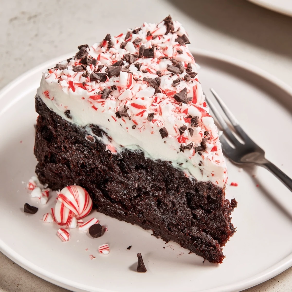 Slice of Peppermint Poke Cake with fluffy whipped topping and crushed peppermint  