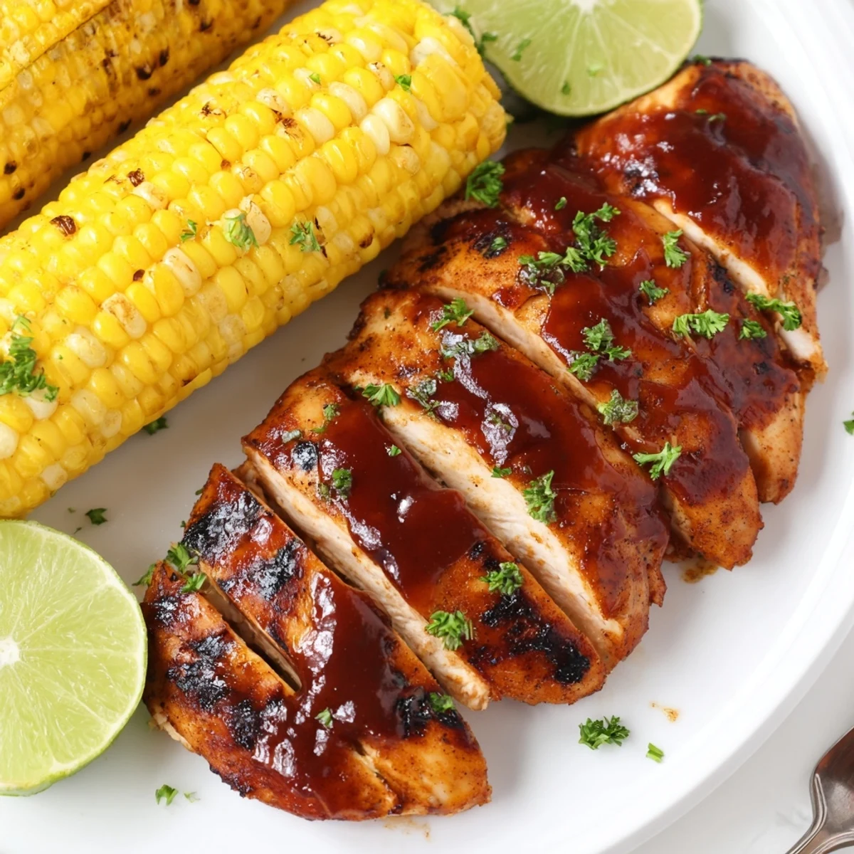 Smoky, juicy BBQ Chicken With Corn resting on a platter, lime wedges