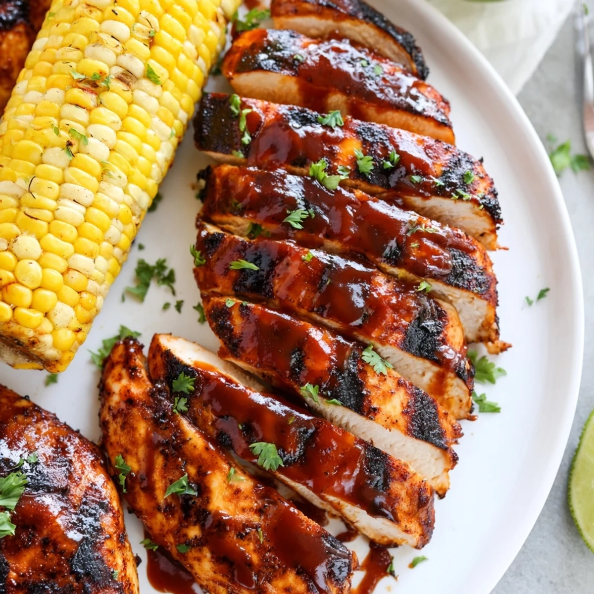 Grilled BBQ Chicken With Corn with charred kernels, buttery shine and parsley