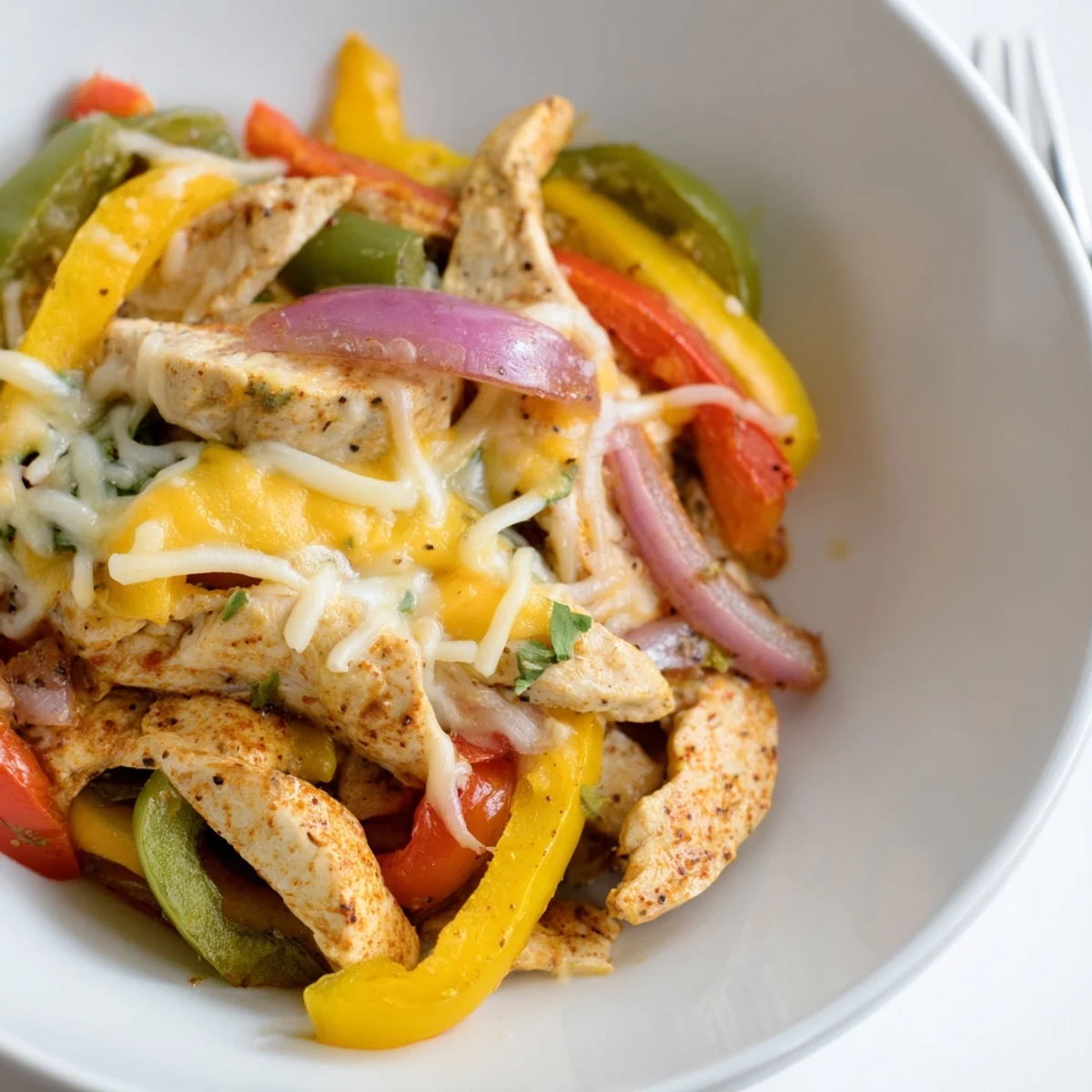 Cheesy Baja Chicken Bell Pepper Skillet sizzling with melted cheese, vibrant peppers  