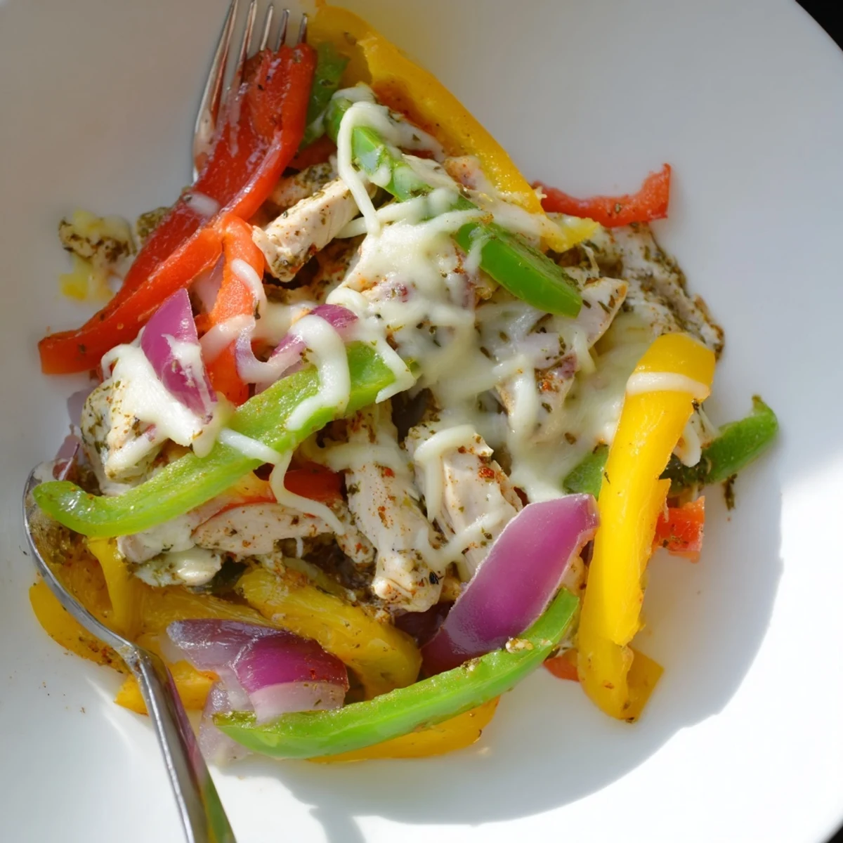 Pan ready Cheesy Baja Chicken Bell Pepper Skillet bubbling with gooey cheese, cilantro