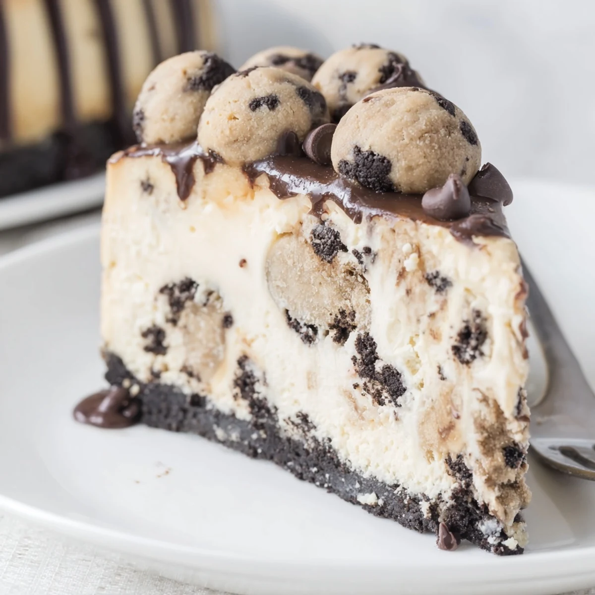 Chocolate Chip Cookie Dough Cheesecake chilled on plate, gooey dough pockets visible.