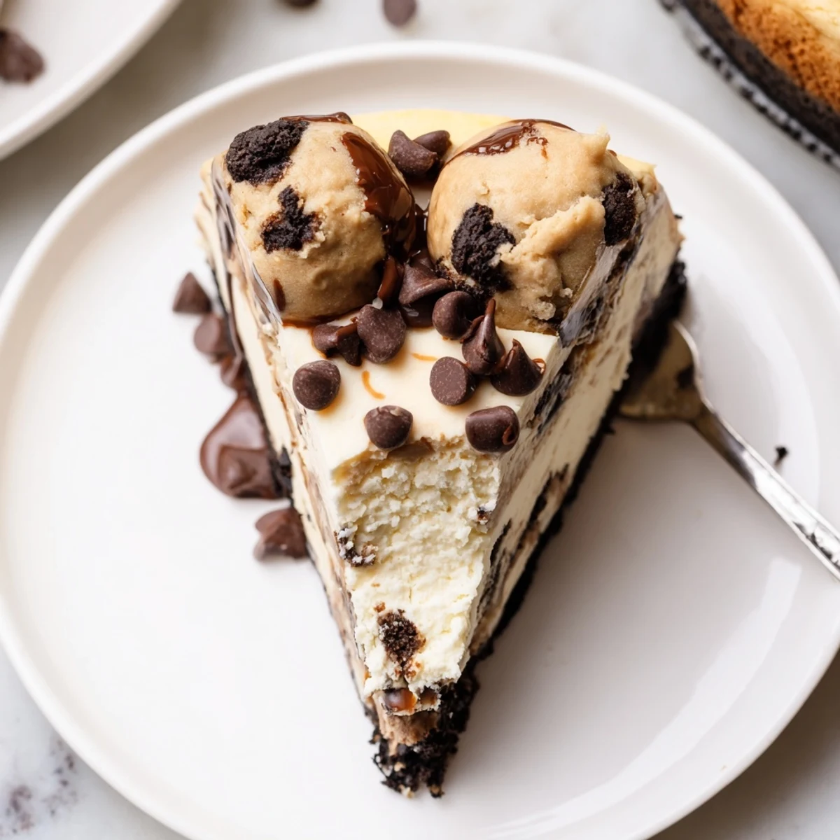 Decadent Chocolate Chip Cookie Dough Cheesecake topped with mini chips, marble-textured filling.