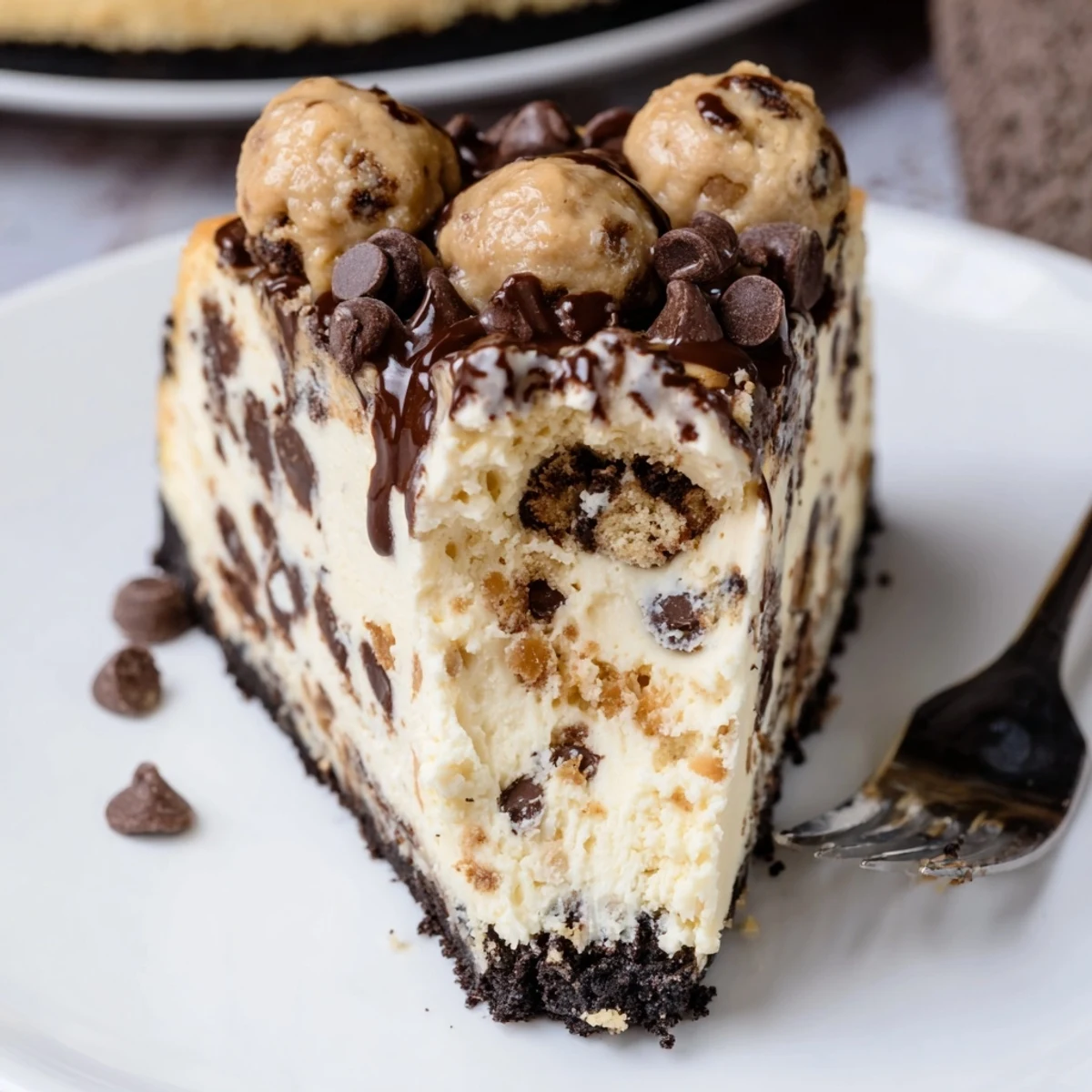 Sliced Chocolate Chip Cookie Dough Cheesecake with chocolate drizzle and crumbly crust.